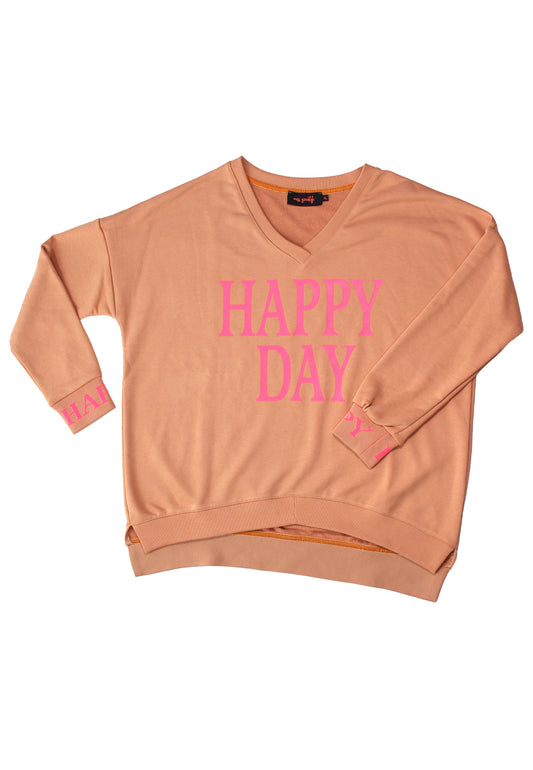 miss goodlife V-Neck Sweater „Happy Day“ –  Pfirsich-/Apricot-Farbe (ein warmer Orangeton)